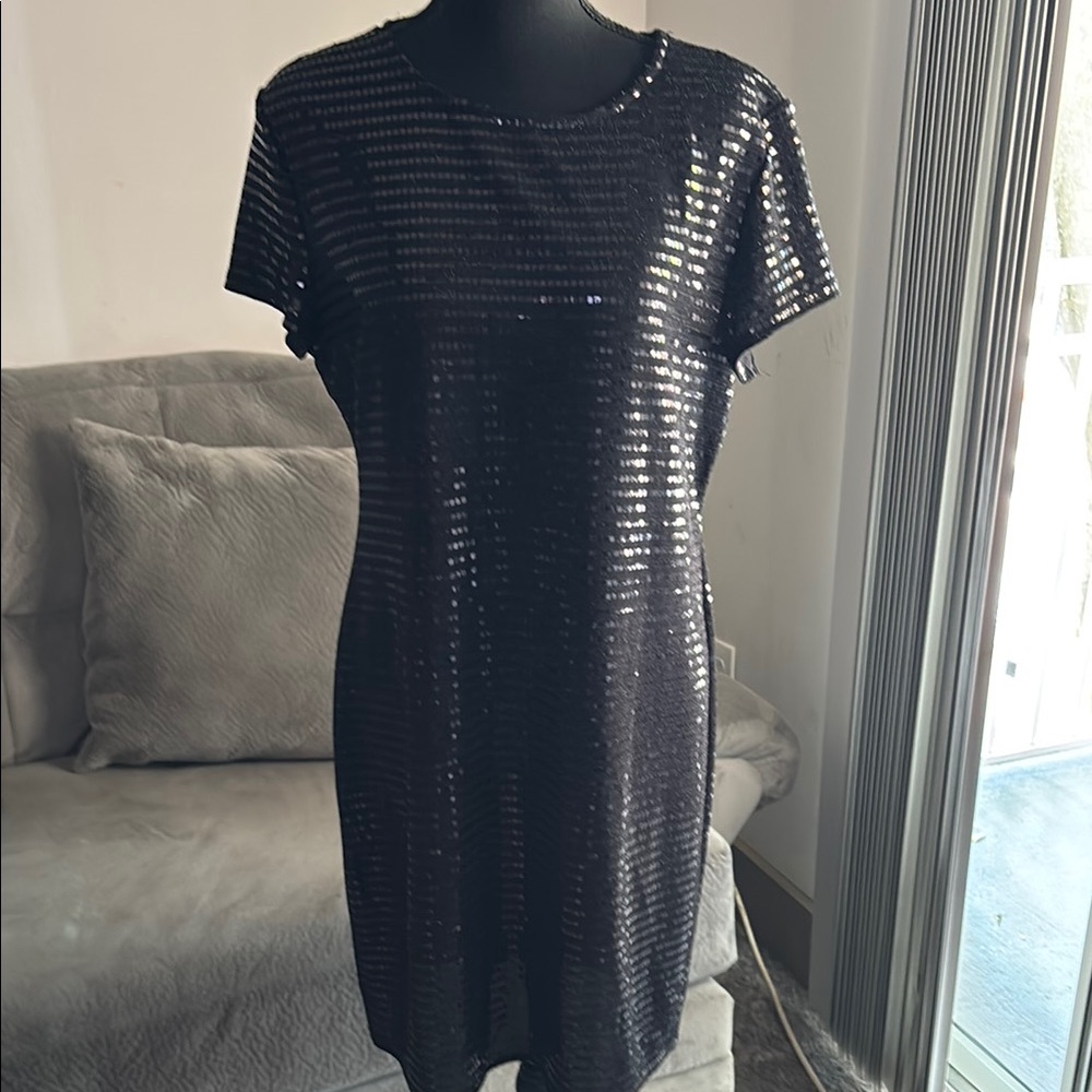 Bebe Black and Silver Asymmetrical Sequin Mini Dress